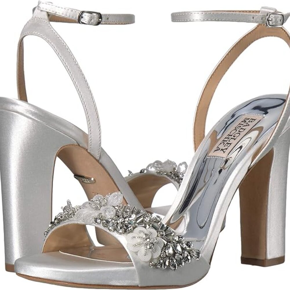 Badgley Mischka Women Alexa Ankle Strap SandalHeel Sz 9 White Satin